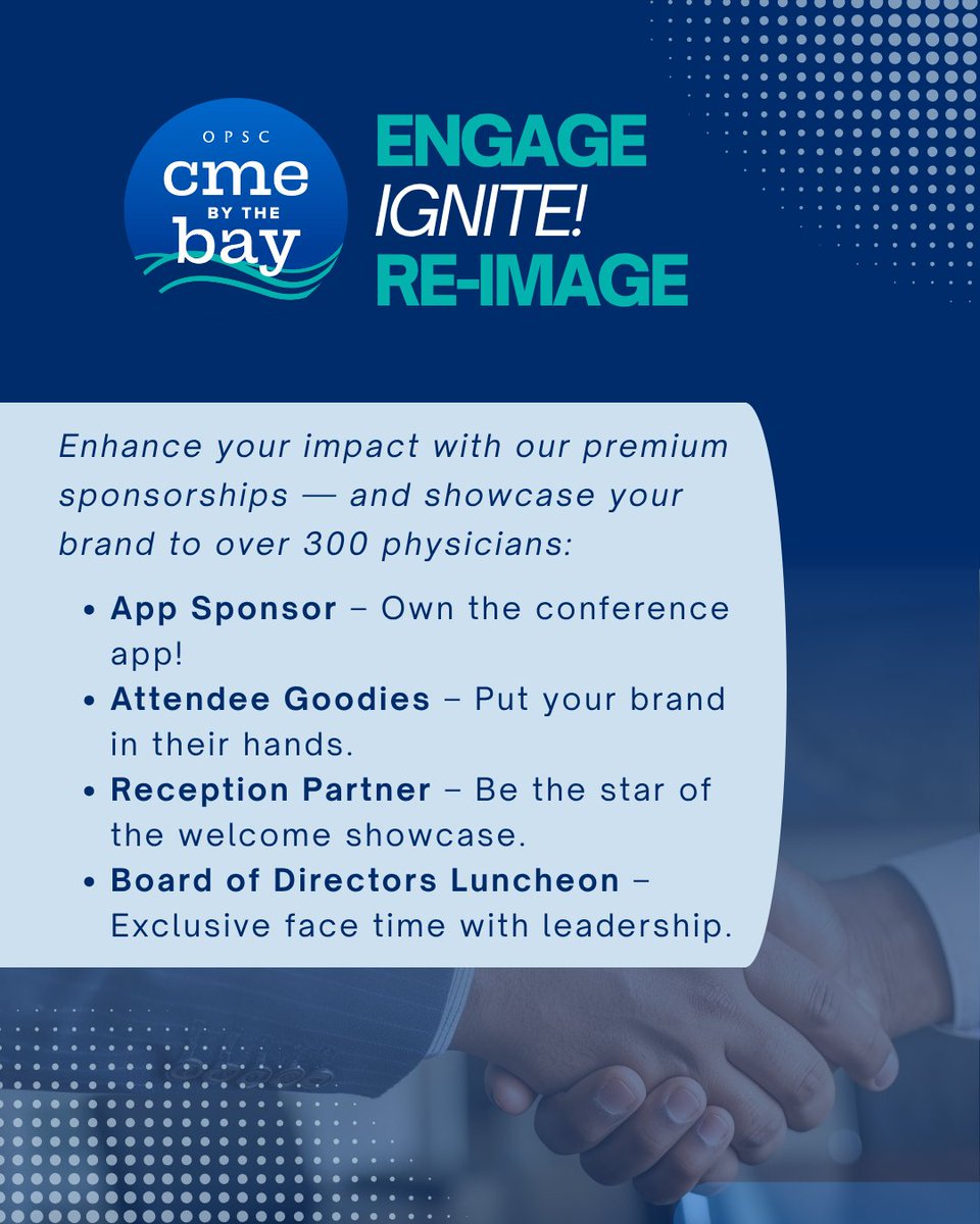 Sponsor or exhibit at CME by the Bay 2025 — OPSC’s 36th Annual Fall Conference! 

Want higher visibility beyond the exhibit floor? Enhance your impact with our premium sponsorships

Explore premium sponsorships: bit.ly/4jVy7Fr

#OPSC #CMEbytheBay2025