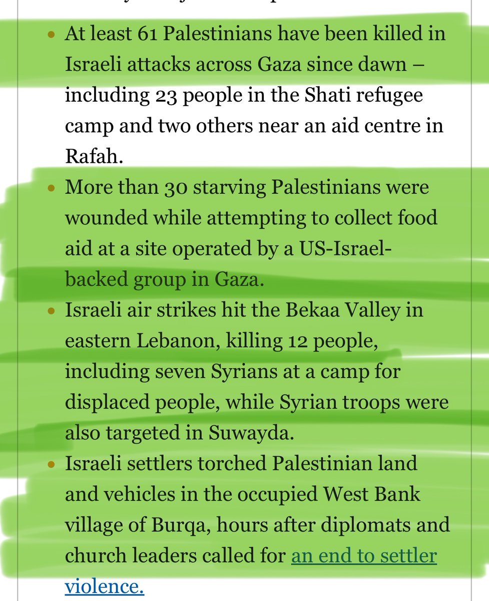VetTx23's tweet image. What the fuck???
Just today:
-🇮🇱 slaughtered 61 Pals in
refugee camps & aid centers collecting food
-🇮🇱 air strikes hit Lebanon, killed 12
-🇮🇱 targets Syrian troops in Suwayda
-🇮🇱settlers burned Pal land & 🚗 in the WB.
They are writing checks we will have to pay for!…