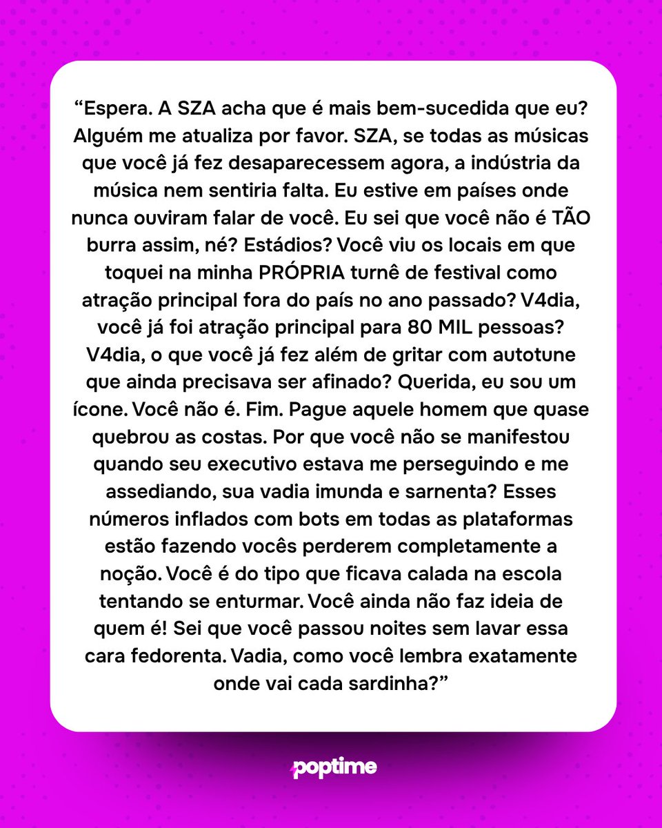 Após SZA afirmar ser bem-sucedida, Nicki Minaj dispara:

"A SZA acha que é mais bem-sucedida que eu? Alguém me atualiza por favor. SZA, se todas as músicas que você já fez desaparecessem agora, a indústria da música nem sentiria falta."