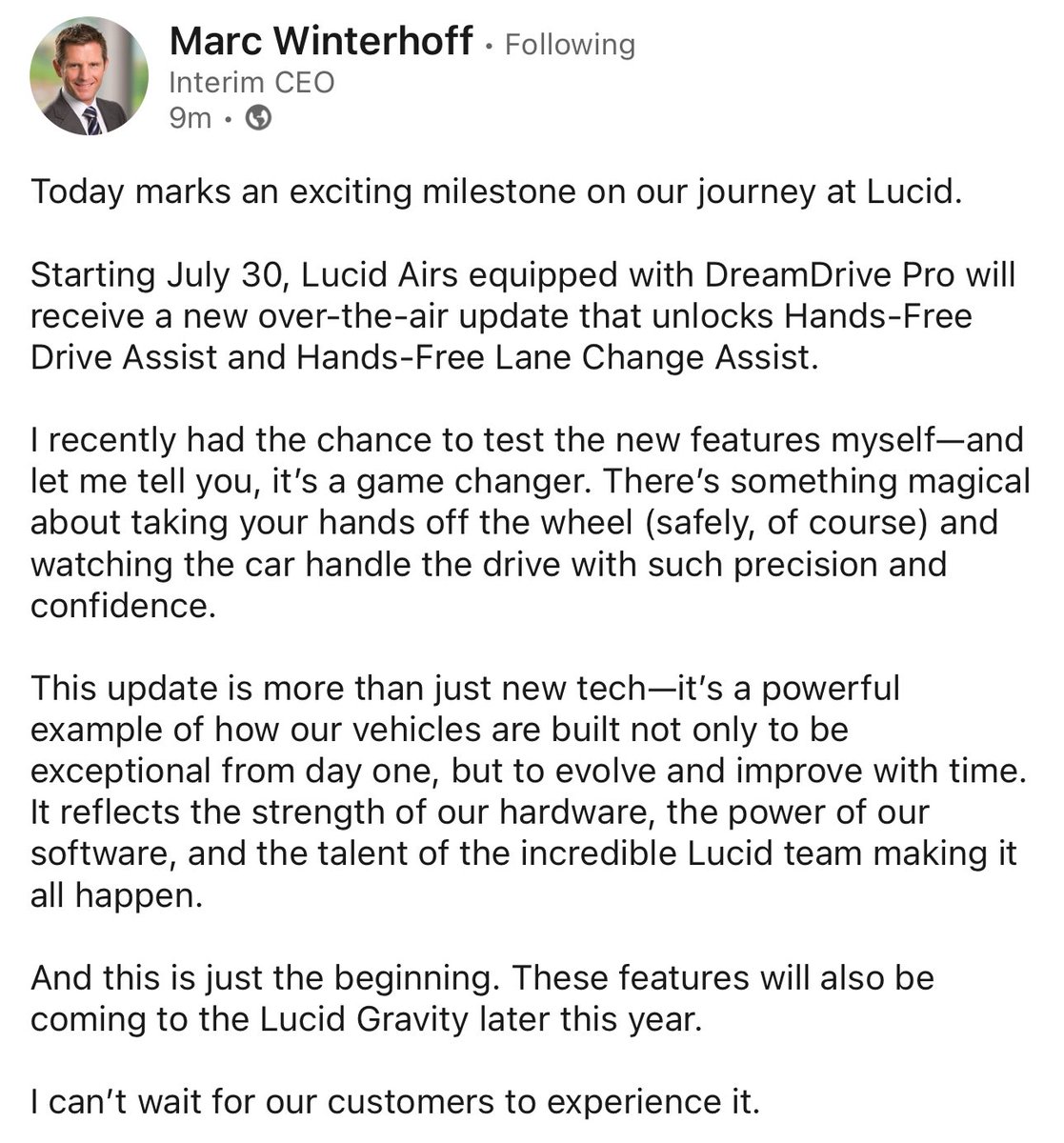 LucidOasis's tweet image. Lucid’s interim CEO calls the new Hands-Free Drive Assist &amp;amp; Lane Change Assist update “a game changer” after testing it:

“There’s something magical about taking your hands off the wheel (safely, of course) and watching the car handle the drive with such precision and confidence”