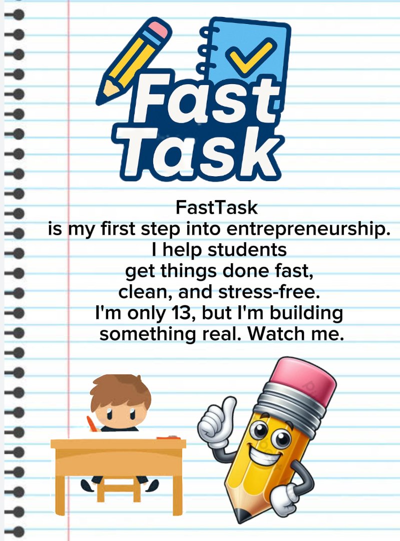 NewRobloxiaNew's tweet image. Just launched FastTask my first step into entrepreneurship at 13!
I help students get things done fast, clean, and stress-free
You focus. We handle the rest.

Check it out 👉 +51 902 813 404
#FastTask #Entrepreneur #StudentLife #emprendedor #TareaDeGrandes  #HomeworkHelp