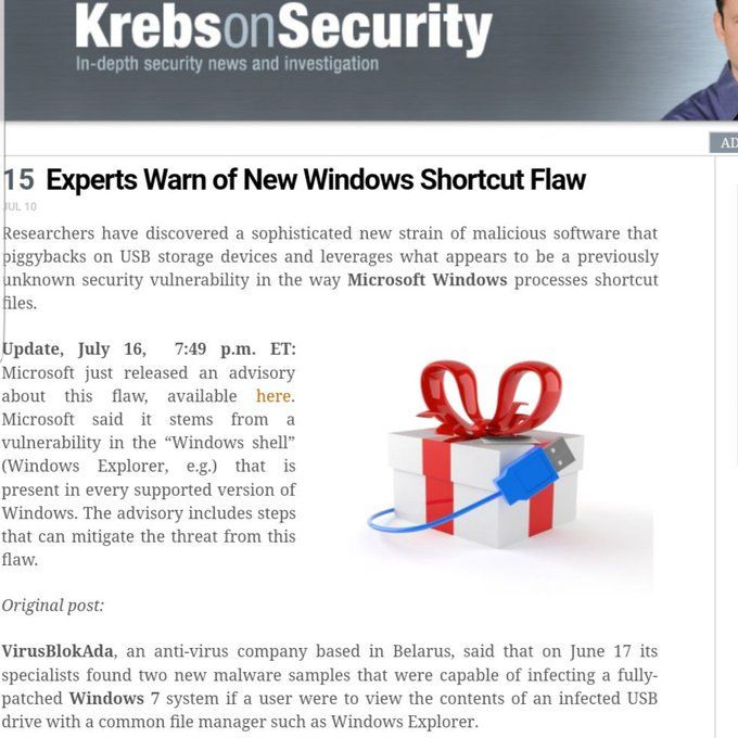 todayininfosec's tweet image. 2010: Brian Krebs' blog post on Stuxnet was the first coverage to get wide attention, after discovery and disclosure by AV firm VirusBlokAda.