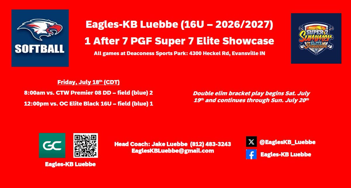 Excited to wrap up our 🥎 summer this weekend in Evansville IN at the <a href="/pgfmidwest/">Southern Indiana and Kentucky/ 1after7</a> Super 7 Elite Showcase!

A number of uncommitted 2026s that are getting closer to their decision date as we go into fall - don’t miss the opportunity to see what they have to offer!