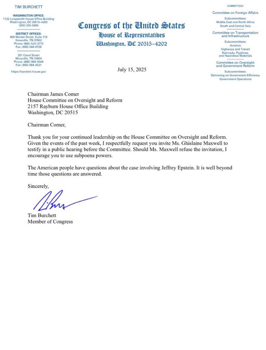 Brian Allen (@allenanalysis) on Twitter photo 🚨Congressman Tim Burchett just filed a formal letter calling on <a href="/GOPoversight/">Oversight Committee</a> to subpoena Ghislaine Maxwell for public testimony on Epstein.
Not behind closed doors.
On record. On camera. Under oath.
This is the first official filing to demand her appearance before Congress. 🚨Congressman Tim Burchett just filed a formal letter calling on <a href="/GOPoversight/">Oversight Committee</a> to subpoena Ghislaine Maxwell for public testimony on Epstein.
Not behind closed doors.
On record. On camera. Under oath.
This is the first official filing to demand her appearance before Congress.