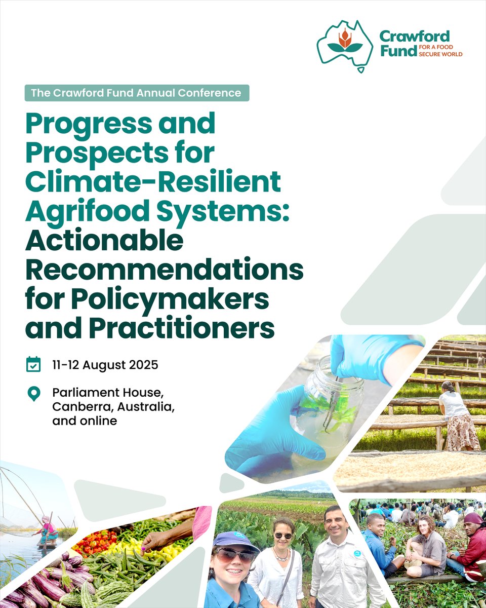 ACIAR (@aciaraustralia) on Twitter photo 📣 Registrations are open for the 2025 <a href="/CrawfordFund/">The Crawford Fund</a> Annual Conference!
This year's theme is Progress and Prospects for Climate-Resilient Agrifood Systems: Actionable Recommendations for Policymakers and Practitioners.
Register now: buff.ly/C1tQCHk
#25CFConf 📣 Registrations are open for the 2025 <a href="/CrawfordFund/">The Crawford Fund</a> Annual Conference!
This year's theme is Progress and Prospects for Climate-Resilient Agrifood Systems: Actionable Recommendations for Policymakers and Practitioners.
Register now: buff.ly/C1tQCHk
#25CFConf