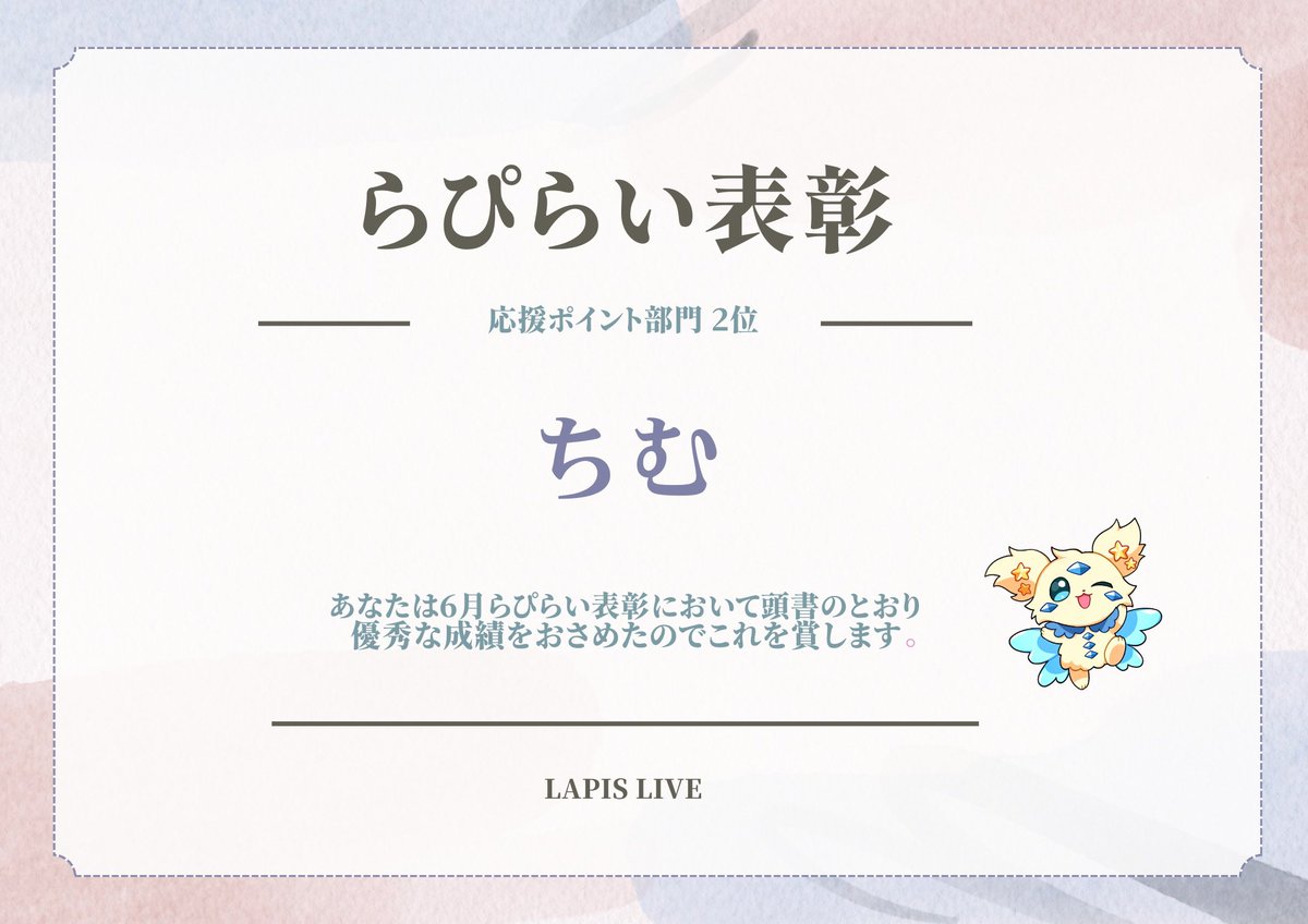 みんなああ！！

1月に引き続き、
6月も事務所2位でした！！✨

表彰状嬉しい…！！！かわいいー！

いつもたくさんの応援本当にありがとうございます！

マイペースな活動だけれど、それでも少しずつ知ってくれてる方は確実に増えてて
応援してくださる方も増えてるのを実感してます🥲