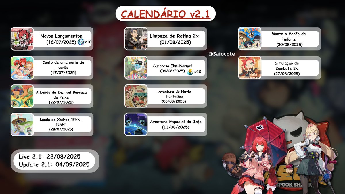 📆 Se organiza aí, Proxy!
O calendário da versão 2.1 já chegou com eventos e novidades de #ZenlessZoneZero.
📌 Salva e se prepara! #ZZZ