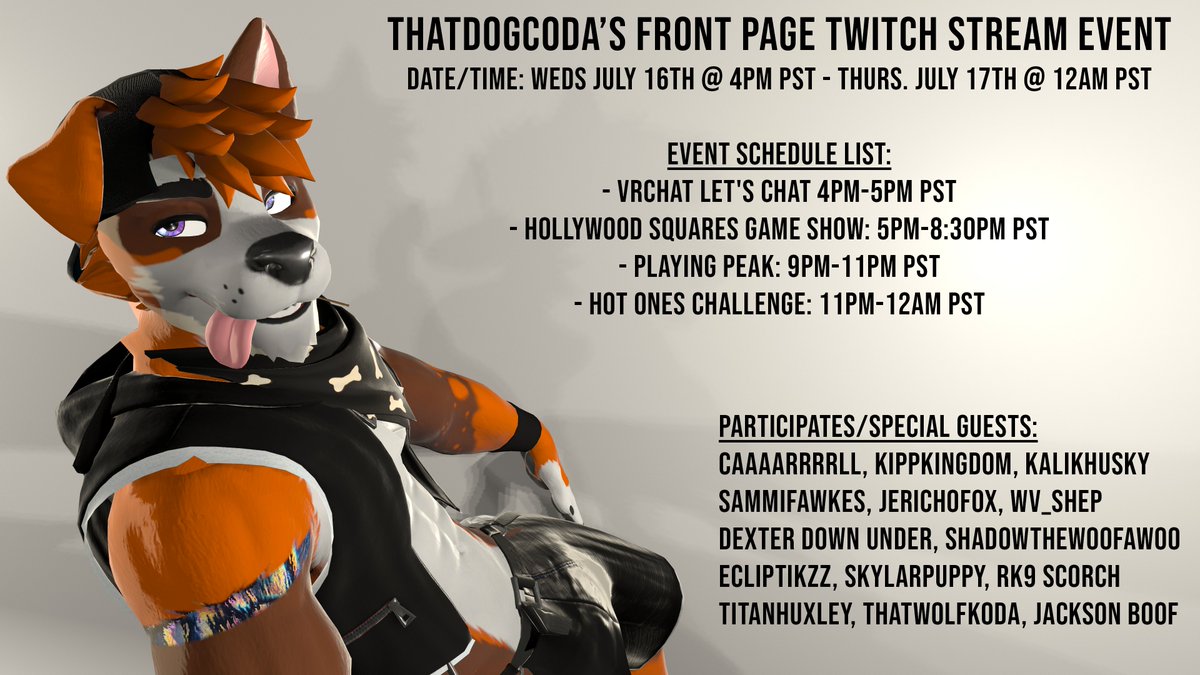 ✨ANNOUC: FRONT PAGE TWITCH STREAM EVENT TOMORROW!

Set up a 8hr Twitch stream tomorrow which will also be on the Front Page of Twitch!

Date/Time: Weds July 16th @ 4PM PST - Thurs. July 17th @ 12AM PST

Event Schedule List:
- VRChat Let's Chat 4PM-5PM PST
...(continue)