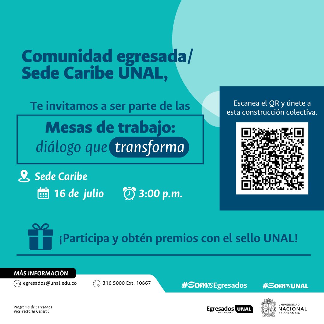 UNALOficial's tweet image. #EgresadosUNAL ¡Comunidad de la Sede @CaribeUNAL, su voz es clave! Participen en las Mesas de trabajo para co-construir la política y el Estatuto de la Comunidad Egresada 🎓 ¡Participa y gana premios con #SelloUNAL! Inscripciones 👉 ow.ly/PkcL50WpzK5 | @EgresadosUN_Nal