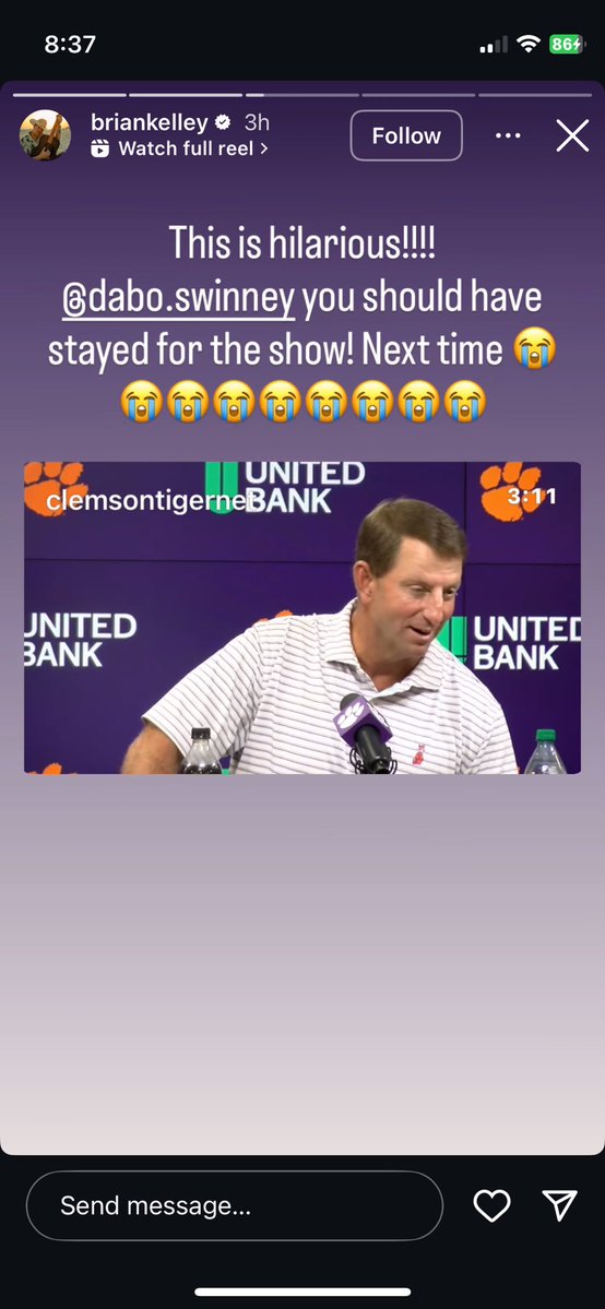 Grayson Mann (@gray_mann21) on Twitter photo Brian Kelley checks in on Dabo Swinney’s mixup story from earlier today:
“This is hilarious! You should have stayed for the show. Next time!”
😭😭
H/T: <a href="/BrandonRink/">Brandon Rink</a> <a href="/ClemsonTigerNet/">TigerNet.com</a> Brian Kelley checks in on Dabo Swinney’s mixup story from earlier today:
“This is hilarious! You should have stayed for the show. Next time!”
😭😭
H/T: <a href="/BrandonRink/">Brandon Rink</a> <a href="/ClemsonTigerNet/">TigerNet.com</a>