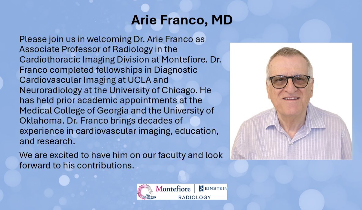 MontefioreRAD's tweet image. We are happy to welcome Dr. Arie Franco to the Cardiothoracic Division @MontefioreRad. He comes to us with a wealth of experience most recently from Einstein Medical Center in Philadelphia. @MontefioreNYC @EinsteinMed