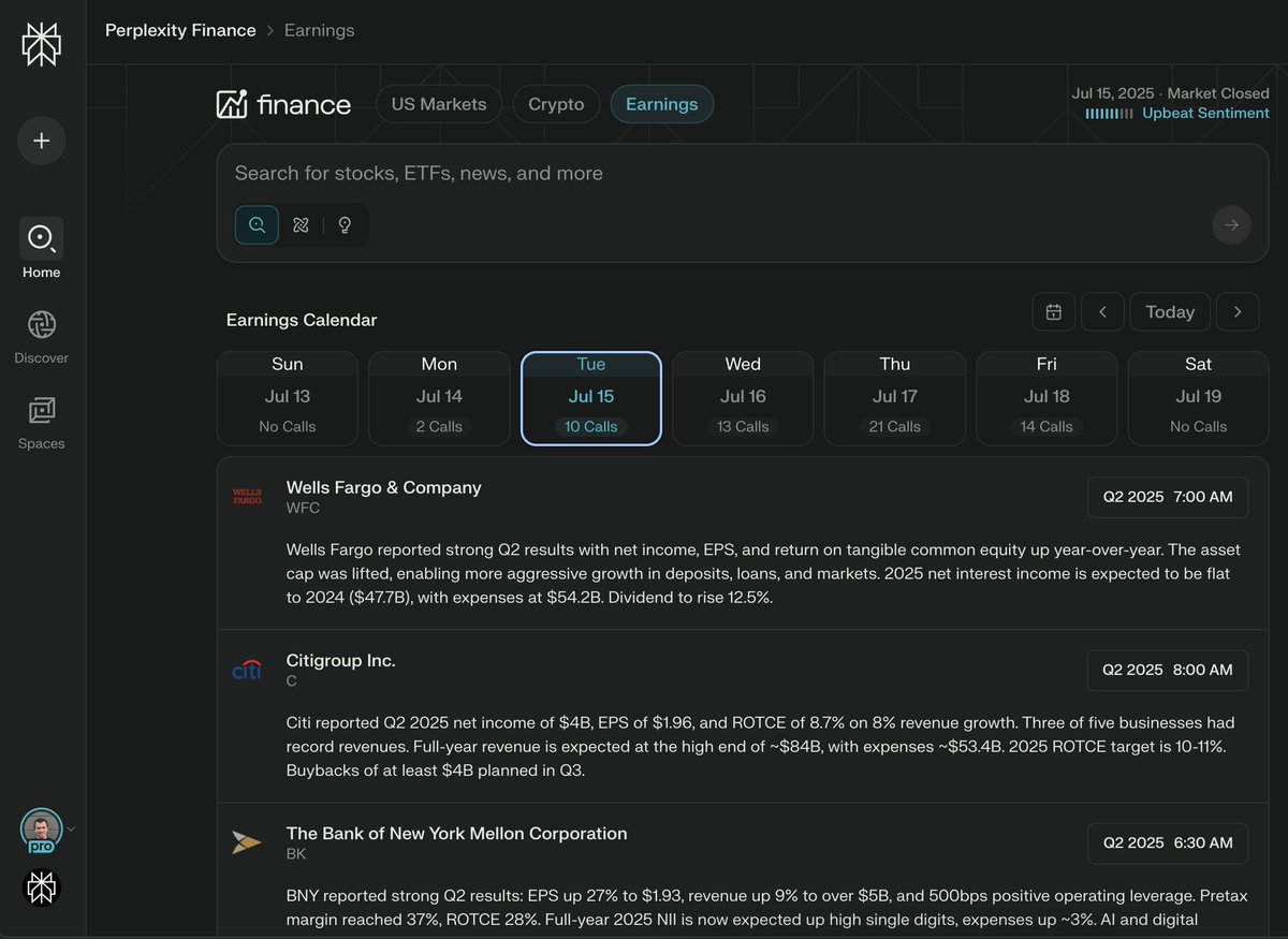 jeffgrimes9's tweet image. Perplexity is an AI companion for company earnings.
We've just added an Earnings hub to the finance homepage, including a calendar view and instant synthesis of earnings calls while they're happening.