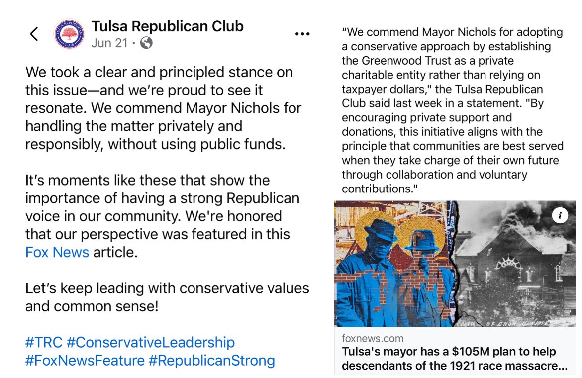 Oklahoma D.O.G.E. (@oklahomadoge) on Twitter photo This post by <a href="/tulsarepubclub/">TulsaRepublicanClub</a> is why <a href="/FoxNews/">Fox News</a> believes #TulsaRepublicans back reparations in Tulsa. 🫣 Thank you, <a href="/TulsaCountyGOP/">Tulsa County GOP</a> for the press release today!
❤️🤍💙🇺🇸
foxnews.com/media/tulsas-m… This post by <a href="/tulsarepubclub/">TulsaRepublicanClub</a> is why <a href="/FoxNews/">Fox News</a> believes #TulsaRepublicans back reparations in Tulsa. 🫣 Thank you, <a href="/TulsaCountyGOP/">Tulsa County GOP</a> for the press release today!
❤️🤍💙🇺🇸
foxnews.com/media/tulsas-m…