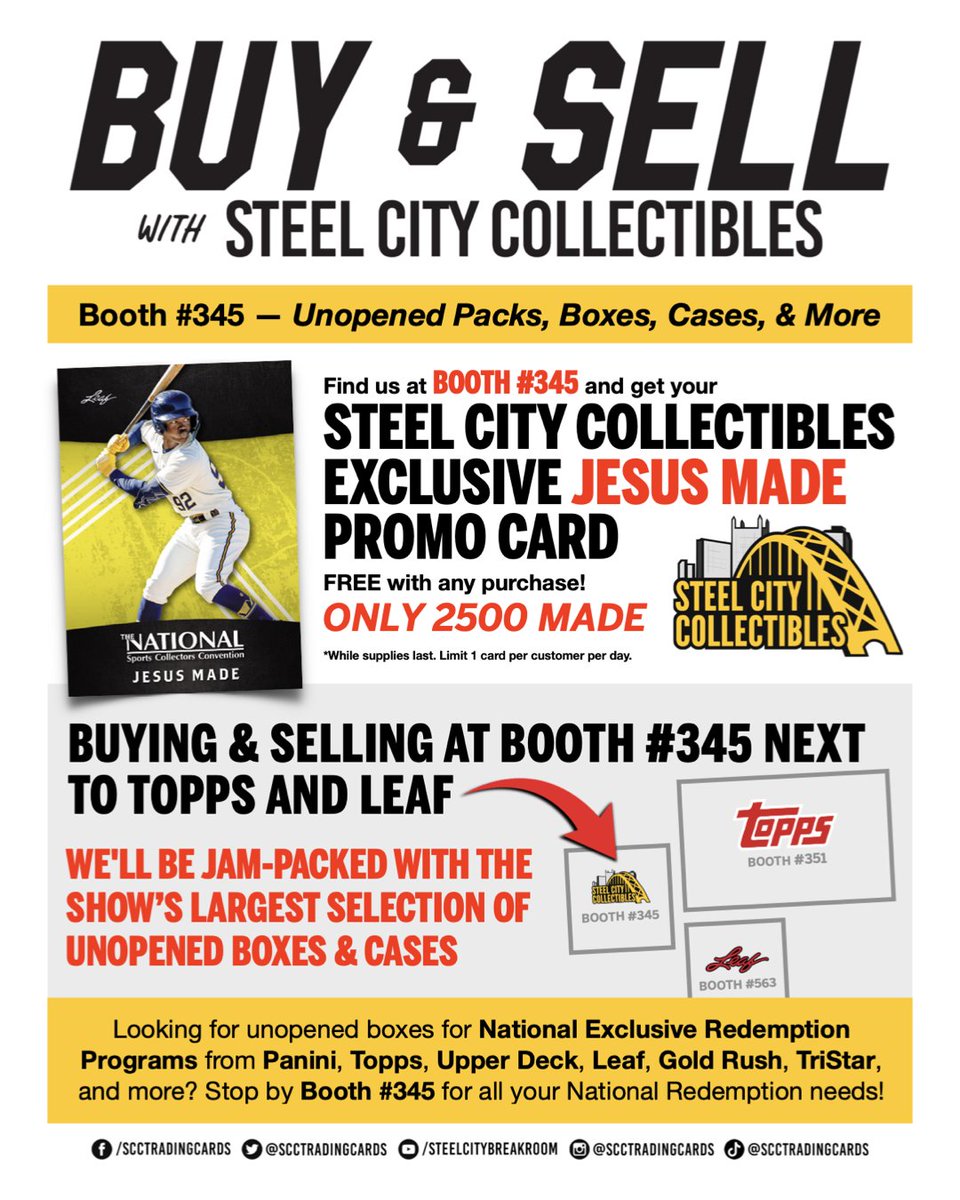 The National Sports Collectors Convention Inc. (@nsccshow) on Twitter photo Meet NSCC exhibitor <a href="/SCCTradingCards/">Steel City Collectibles</a> at the 45th National Sports Collectors Convention July 30-August 3, 2025 at the Donald E. Stephens Convention Center in Rosemont, IL 🔥🔥
Visit the <a href="/nsccshow/">The National Sports Collectors Convention Inc.</a> #linkinbio to learn more, buy tickets and search Steel City Collectibles or any Meet NSCC exhibitor <a href="/SCCTradingCards/">Steel City Collectibles</a> at the 45th National Sports Collectors Convention July 30-August 3, 2025 at the Donald E. Stephens Convention Center in Rosemont, IL 🔥🔥
Visit the <a href="/nsccshow/">The National Sports Collectors Convention Inc.</a> #linkinbio to learn more, buy tickets and search Steel City Collectibles or any