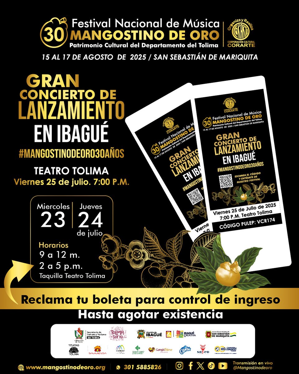 #MangostinodeOro30Años |  ¿Preparados? Pronto podrán reclamar las boletas para el Concierto de Lanzamiento de nuestro #MangostinodeOro en #Ibagué en las fechas y horarios establecidos.