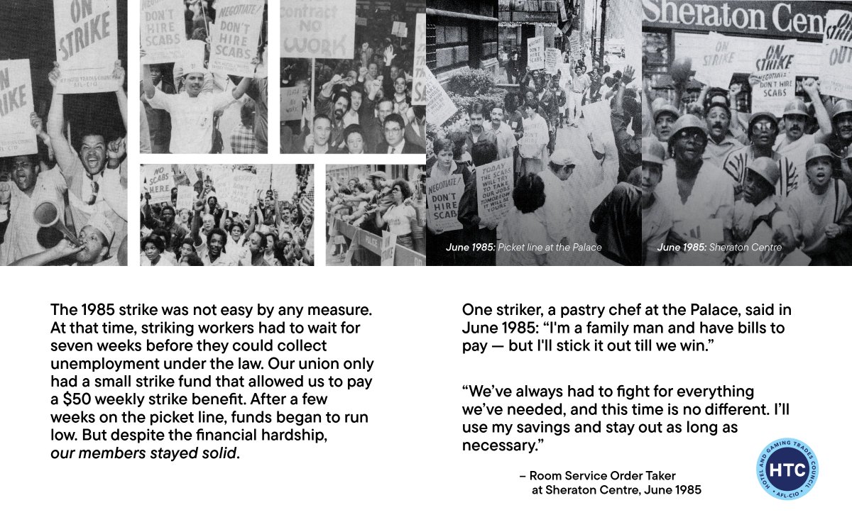 NYHTC's tweet image. In the summer of 1985, our union made the difficult but necessary decision to call on NYC hotel workers to walk off the job in a city-wide strike – for the first time in HTC history.
Forty years later, our union celebrates the courage of the 1985 strikers. After 26 long days of…