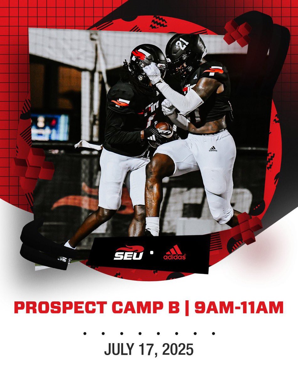 Johnathon Jackson (@bigjohnjackson_) on Twitter photo I will be attending <a href="/SEUFireFootball/">Southeastern Football</a> camp this Thursday (July 17). Excited to show my skills and compete!
<a href="/SeanEperjesi/">Sean Eperjesi</a> <a href="/coachkstrong/">K. Strong</a>
<a href="/jayvonwilson4/">Coach Wilson</a> <a href="/CoachBones27/">Coach Bones</a>
<a href="/PascoCountyFB/">PascoCountyFB</a> <a href="/Coach_Waugh/">Adam Waugh</a>
<a href="/jmaisel5/">Josh Maisel</a> <a href="/pmathieson12/">Patrick Mathieson</a> I will be attending <a href="/SEUFireFootball/">Southeastern Football</a> camp this Thursday (July 17). Excited to show my skills and compete!
<a href="/SeanEperjesi/">Sean Eperjesi</a> <a href="/coachkstrong/">K. Strong</a>
<a href="/jayvonwilson4/">Coach Wilson</a> <a href="/CoachBones27/">Coach Bones</a>
<a href="/PascoCountyFB/">PascoCountyFB</a> <a href="/Coach_Waugh/">Adam Waugh</a>
<a href="/jmaisel5/">Josh Maisel</a> <a href="/pmathieson12/">Patrick Mathieson</a>
