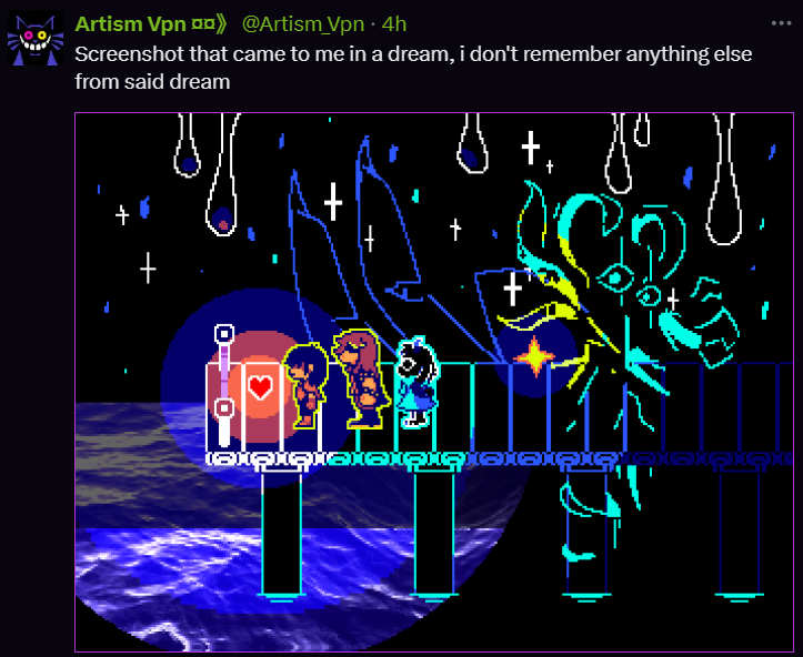 heybrine's tweet image. Do we have a counter for every time people dreamed about UT/DR and it turns into actually cool/popular concepts? It's weirdly common, happened with Prunsel, the Salt Route and Deltarune itself.
Now everyone seems to have dreams, including myself.