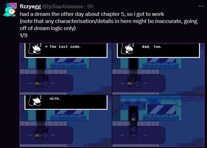 heybrine's tweet image. Do we have a counter for every time people dreamed about UT/DR and it turns into actually cool/popular concepts? It's weirdly common, happened with Prunsel, the Salt Route and Deltarune itself.
Now everyone seems to have dreams, including myself.