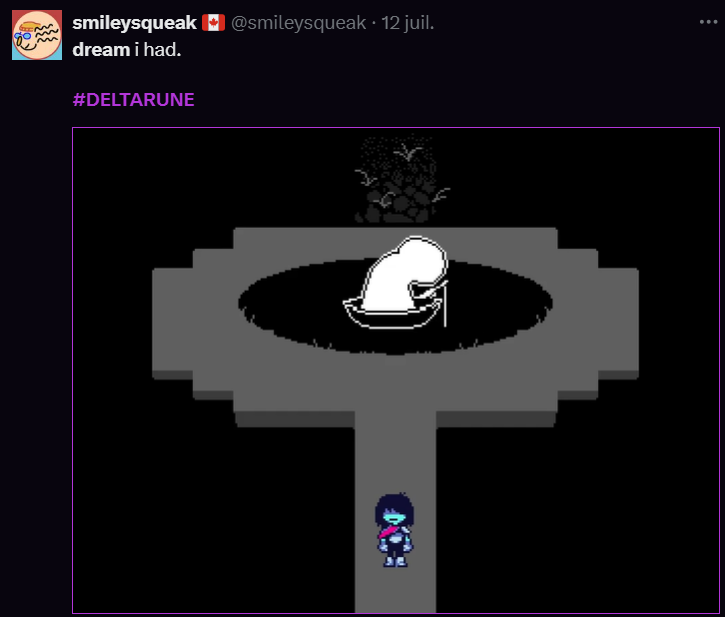 heybrine's tweet image. Do we have a counter for every time people dreamed about UT/DR and it turns into actually cool/popular concepts? It's weirdly common, happened with Prunsel, the Salt Route and Deltarune itself.
Now everyone seems to have dreams, including myself.