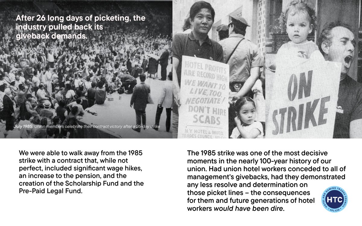 NYHTC's tweet image. In the summer of 1985, our union made the difficult but necessary decision to call on NYC hotel workers to walk off the job in a city-wide strike – for the first time in HTC history.
Forty years later, our union celebrates the courage of the 1985 strikers. After 26 long days of…