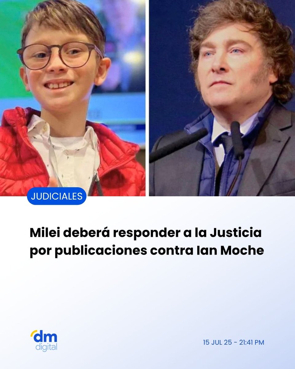#Judiciales | Milei tiene 5 días para explicar ante la Justicia por qué republicó un mensaje que hostiga a Ian Moche, un niño con autismo. 

Para más info👉🏽delmardigital.net/milei-debera-r…