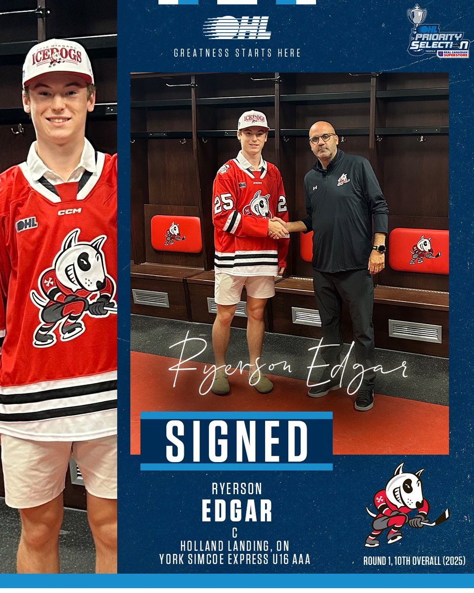 Ontario Hockey League (@ohlhockey) on Twitter photo The <a href="/OHLIceDogs/">Niagara IceDogs</a> lock up Ryerson Edgar 🐾
The 10th overall selection in the 2025 #OHLDraft has signed an #OHL Scholarship & Development Agreement!
DETAILS 🗞️: tinyurl.com/mr25v72j The <a href="/OHLIceDogs/">Niagara IceDogs</a> lock up Ryerson Edgar 🐾
The 10th overall selection in the 2025 #OHLDraft has signed an #OHL Scholarship & Development Agreement!
DETAILS 🗞️: tinyurl.com/mr25v72j