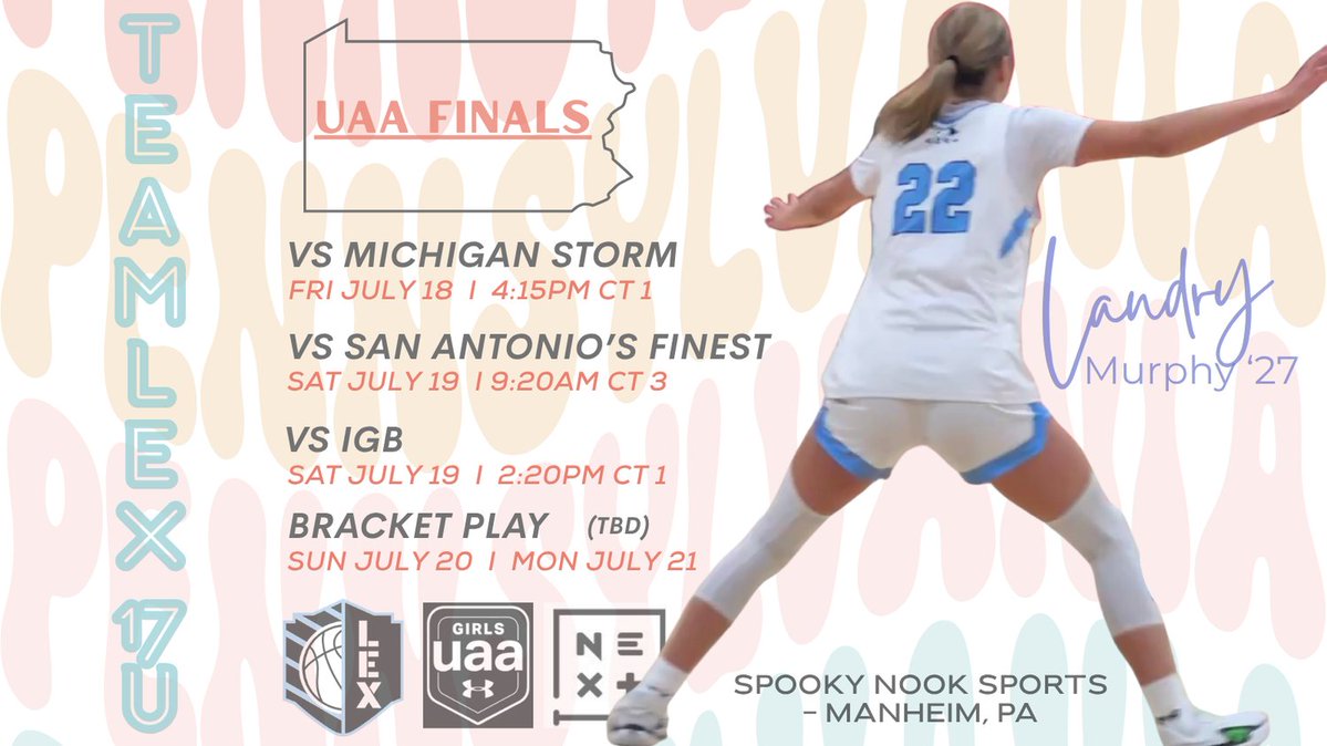 Landry Murphy (@landrymurphy22) on Twitter photo Looking forward to wrapping up a great club season this weekend at <a href="/UANextGHoops/">Girls UAA</a> Finals in Manheim, PA! Bracket play schedule will be updated in the comment section as we progress through the weekend. 🔥🏀🔥
<a href="/TeamLexHoops/">Team Lex Basketball</a>
@PBRHoops
<a href="/AHSLadyEagles/">Argyle Lady Eagles Basketball</a>
<a href="/CoachFParks/">Frankie Parks</a>
<a href="/Singletonbball/">James Singleton</a> Looking forward to wrapping up a great club season this weekend at <a href="/UANextGHoops/">Girls UAA</a> Finals in Manheim, PA! Bracket play schedule will be updated in the comment section as we progress through the weekend. 🔥🏀🔥
<a href="/TeamLexHoops/">Team Lex Basketball</a>
@PBRHoops
<a href="/AHSLadyEagles/">Argyle Lady Eagles Basketball</a>
<a href="/CoachFParks/">Frankie Parks</a>
<a href="/Singletonbball/">James Singleton</a>