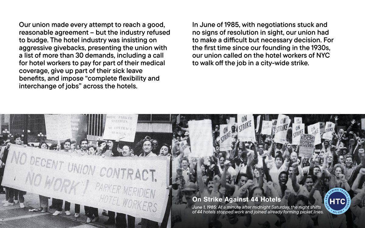 NYHTC's tweet image. In the summer of 1985, our union made the difficult but necessary decision to call on NYC hotel workers to walk off the job in a city-wide strike – for the first time in HTC history.
Forty years later, our union celebrates the courage of the 1985 strikers. After 26 long days of…