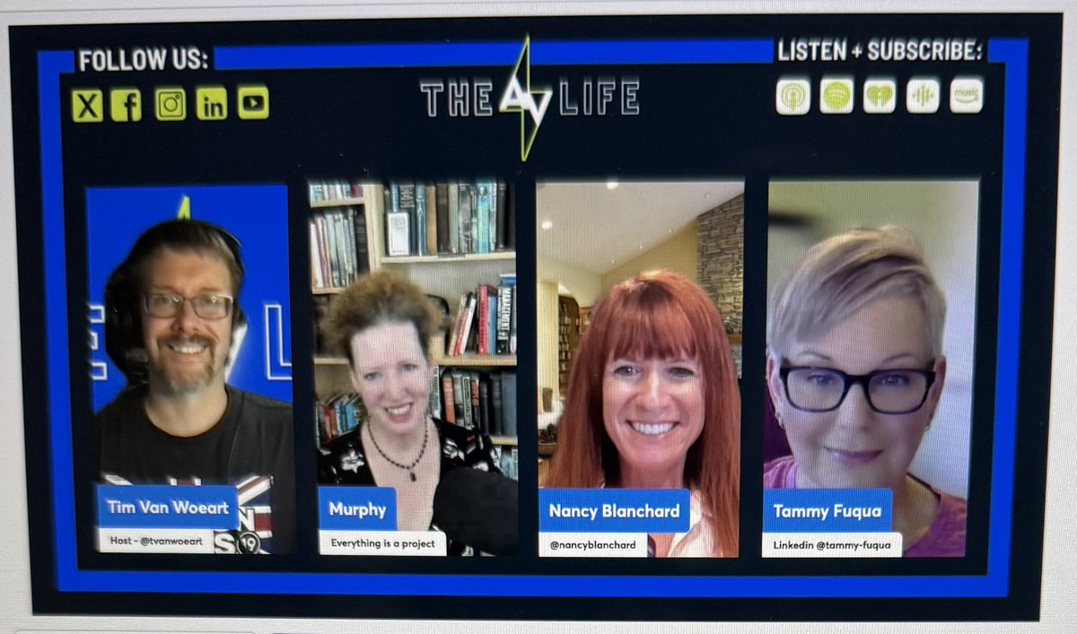 Nancy Blanchard🇨🇦🇺🇸 (@nancyblanchard) on Twitter photo <a href="/TheAVLifePod/">The AV Life Podcast #HigherEdAV</a> is happening now! Guest is <a href="/TammyFuqua3/">Tammy Fuqua</a>. Crew tonight is <a href="/TVanWoeart/">Tim Van Woeart, CTS #TPoAV #HigherEdAV</a> <a href="/WrittenByMurphy/">Murphy Daley CTS, PMP + author of 4 books so far</a> and me! Just missing <a href="/AV_JamesKing/">James King, CTS</a> <a href="/AVReneeKC/">Renee Benson -#avtweeps @TheAVLifePod</a>
#AVTweeps <a href="/TheAVLifePod/">The AV Life Podcast #HigherEdAV</a> is happening now! Guest is <a href="/TammyFuqua3/">Tammy Fuqua</a>. Crew tonight is <a href="/TVanWoeart/">Tim Van Woeart, CTS #TPoAV #HigherEdAV</a> <a href="/WrittenByMurphy/">Murphy Daley CTS, PMP + author of 4 books so far</a> and me! Just missing <a href="/AV_JamesKing/">James King, CTS</a> <a href="/AVReneeKC/">Renee Benson -#avtweeps @TheAVLifePod</a>
#AVTweeps
