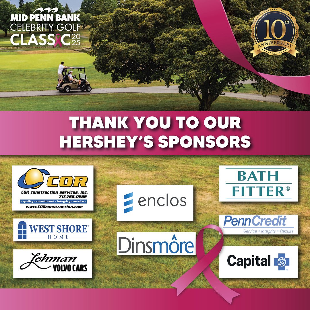 MPBGolfClassic's tweet image. A huge thank you to the following HERSHEY'S sponsors! We are incredibly grateful for your generous support of the 2025 Mid Penn Bank Celebrity Golf Classic⛳.
- enclos
- COR Construction Services, Inc.
- West Shore Home
- Lehman Volvo Cars
- Dinsmore
- Bath Fitter
- Penn Credit…