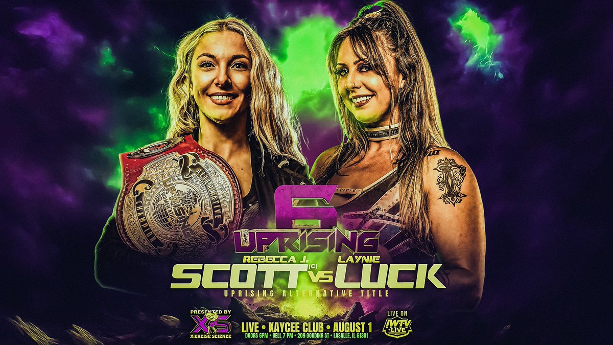 DWWrestling's tweet photo. 🚨🚨 Match Announcement 🚨🚨

‼️ Tix available on https://t.co/6XaxzsoFvH l‼️ 
Live on IWTV! 

Friday, August 1st, 2025 at the Kaycee Club in LaSalle, IL: 

One of independent wrestling’s most significant championships will be on the line when Rebecca J. Scott defends her Uprising Alternative Title against Laynie Luck who makes her long anticipated debut.

Laynie Luck enters Uprising: Women Athletes not just to compete, but to immediately challenge for the top prize. This bout features two competitors at the peak of their abilities, both looking to define their legacies. 

Can RJS secure her eleventh defense and extend a dominant 469-day reign? Or will Laynie Luck mark her arrival by capturing the title and ending a historic championship run?

Uprising: Women Athletes 6 presented by X-ercise Science, Inc. 

🗓️: August 1st
🏢: Kaycee Club
📍: 209 Gooding St. LaSalle, IL 61301
🖊️: M&G  5 pm
🚪: 6 pm
🛎️: 7 pm
🎟️: https://t.co/6XaxzsoFvH
📺: Live on @indiewrestling 
🍕 : After party at Lou’s Lagrotto
#️⃣: #Uprising6