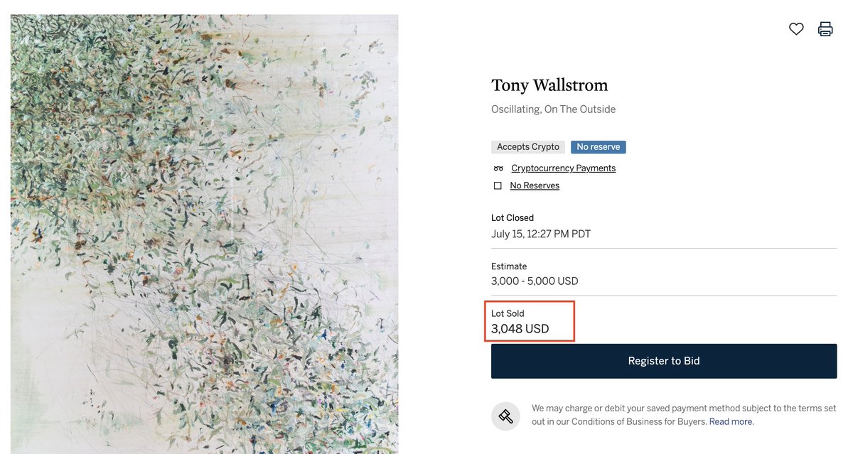 Hildabroom7's tweet image. Congratulations @tonywallstrom on his first Sotheby's sale today!
🔨 $3,048 USD
🖼️ "Oscillating, On The Outside"
🖌️ Oil, pencils, acrylic, leather dye, pigment stick on canvas (140 by 170 cm)
We love the Tony 📈