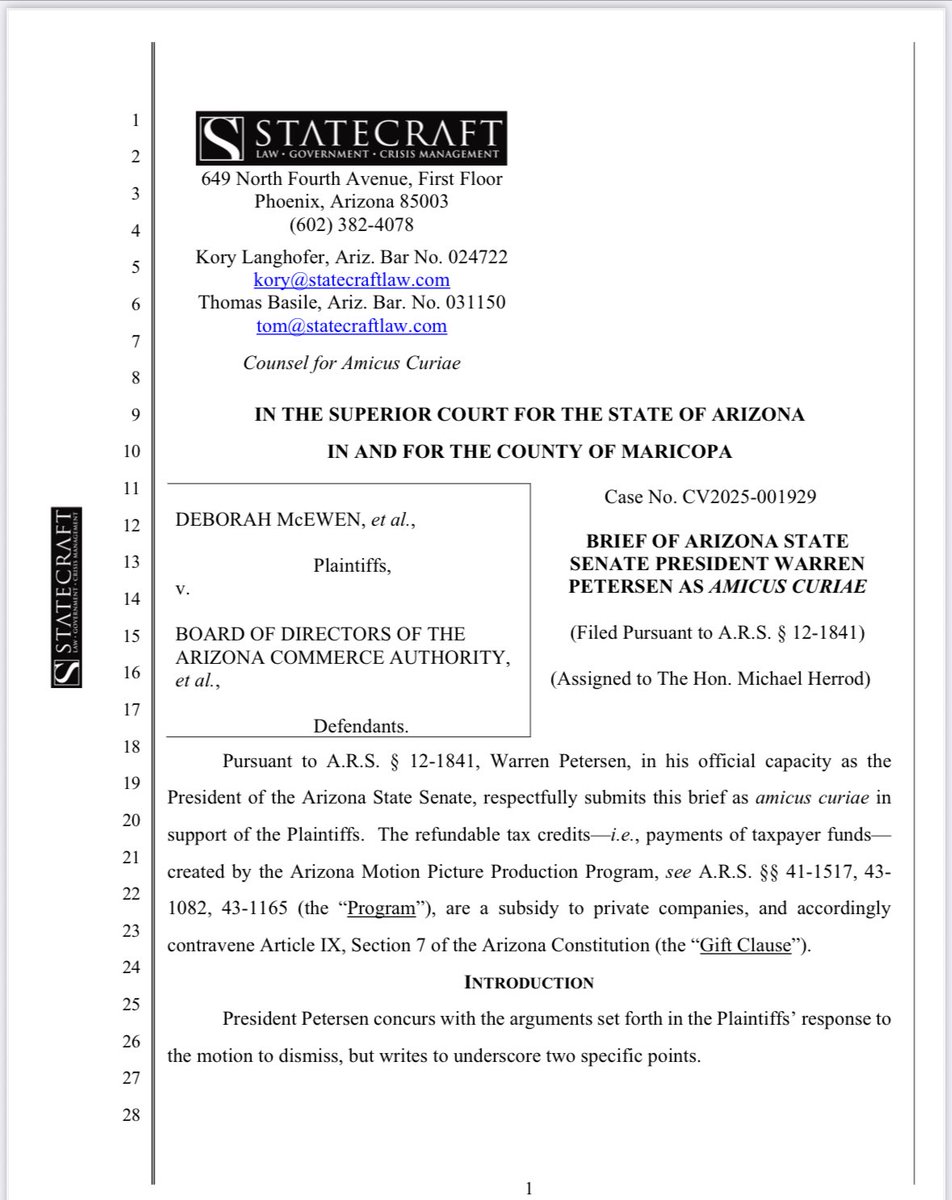AZSenateGOP's tweet image. 🚨The Arizona Senate is fighting for taxpayers in court. Senate President @votewarren just filed a legal brief arguing that taxpayer-funded film subsidies violate Arizona’s Constitution. These “refundable tax credits” are corporate giveaways disguised as tax policy. The Arizona…