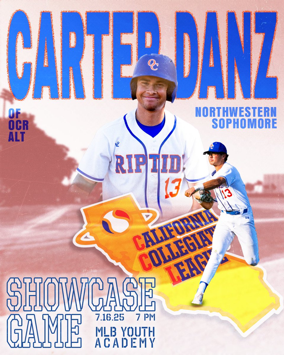 OC Riptide Baseball (@ocriptide) on Twitter photo Last but not least for the 2025 All-Star roster… #13 Carter Danz! 🌊
Outfielder from Northwestern, he's been a standout all season:
ABs: 63 | AVG: .333 | RBIs: 14
Reliable at the plate and steady in the field—catch him in the CCL All-Star Showcase! ⚾️ #ccl2025 Last but not least for the 2025 All-Star roster… #13 Carter Danz! 🌊
Outfielder from Northwestern, he's been a standout all season:
ABs: 63 | AVG: .333 | RBIs: 14
Reliable at the plate and steady in the field—catch him in the CCL All-Star Showcase! ⚾️ #ccl2025