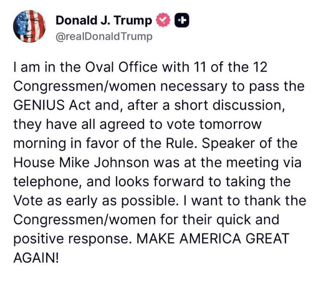 itzjoshuajake's tweet image. BREAKING: Looks like the Genius Act is going Pass 

Bullish 🇺🇸