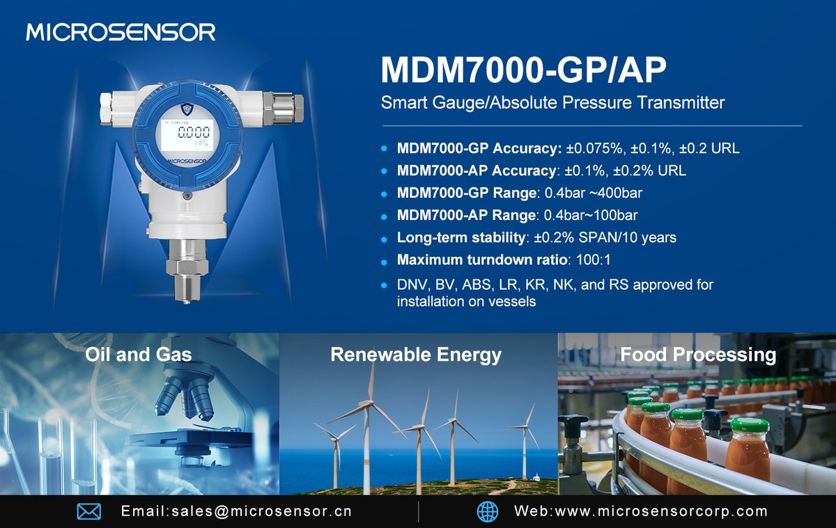MicroSensorHome's tweet image. MDM7000-GP/AP Smart #Gauge/#Absolute Pressure #Transmitter
• Accuracy up to 0.075% FS with monocrystalline piezoresistive technology
• Excellent anti-interference &amp;amp; high-frequency response
• Remote setup &amp;amp; monitoring, easy process control
For more: lnkd.in/gvjpnu9m