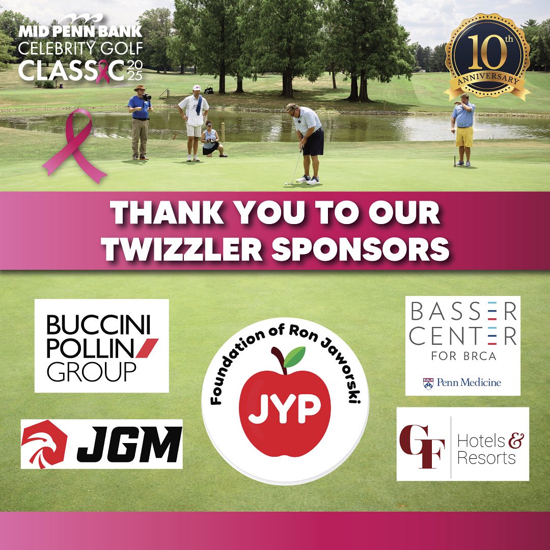 MPBGolfClassic's tweet image. A big shoutout to our amazing TWIZZLER sponsors for their generous support of the 2025 Mid Penn Bank Celebrity Golf Classic⛳! Thank you to:
- Buccini Pollin Group
- Jaws Youth Playbook
- Penn Medicine Basser Center for BRCA
- JGM Fabricators & Constructors
- GF Hotels & Resorts…