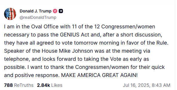 🚨 BREAKING: Trump incontra membri della Camera per il "GENIUS Act" mentre si prepara una nuova votazione sulle criptovalute.