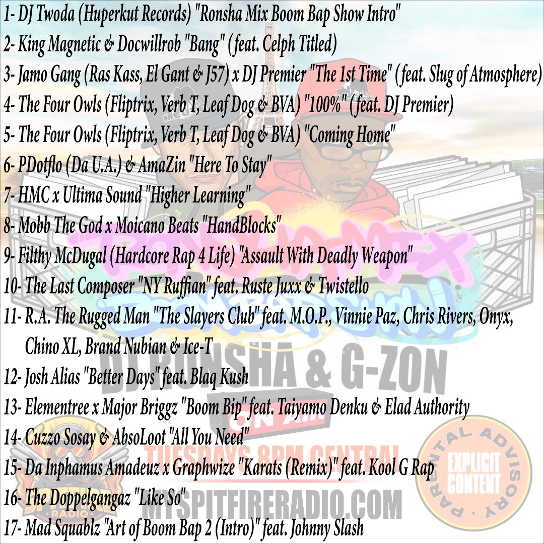 SpitFireRadio_'s tweet image. Tonight at 8 PM Central - Ronsha & G-Zon - Ronsha Mix Boom-Bap Show Summer Series! Listen at myksfr.com or spitfireradio.com
Join us tonight on Spit Fire Radio, hosted by @lameute. 🎧 DJ Ronsha & G-Zon are bringing the heat with the Ronsha Boom Bap Mix Show