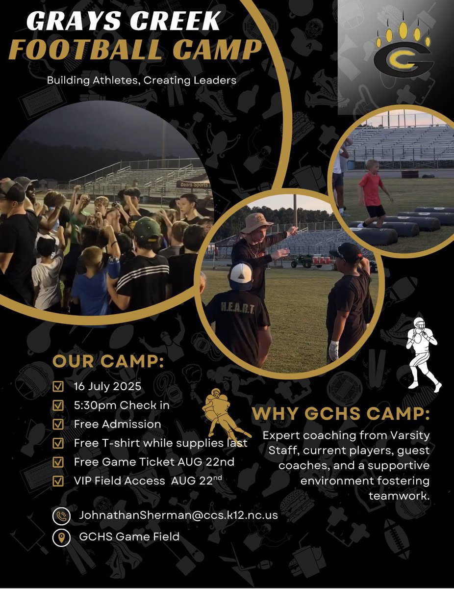 Reminder GC Youth Football Camp is tomorrow night! 5:30PM registration at main gate at the game field! 
Camp is 6PM-8PM
Ages 6-14 
Camp is FREE 
- each camper gets a free t-shirt while supplies last. We Have around 70 shirts! We have all different sizes….First come first served!