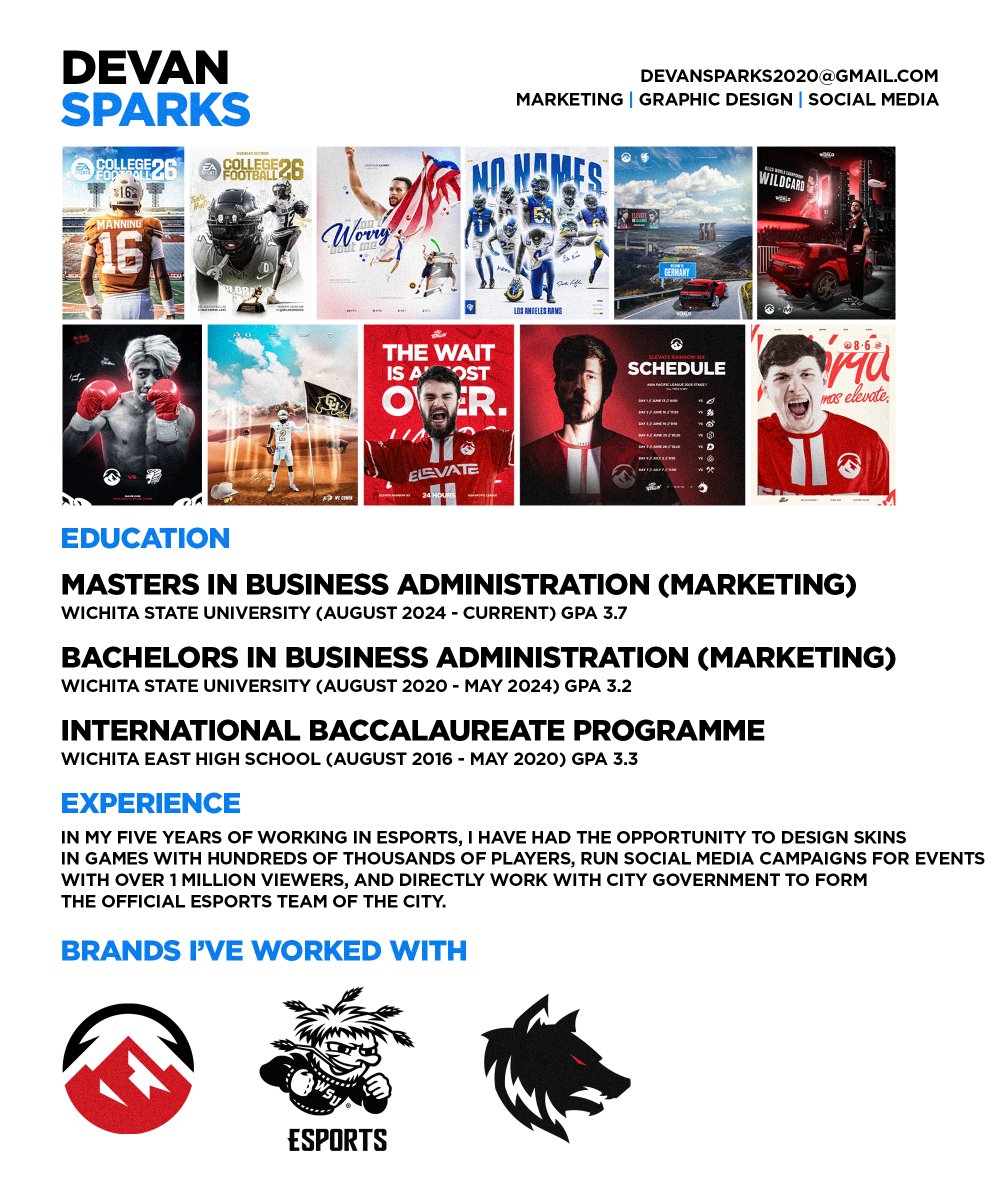 Been meaning to do this for a minute but I am looking for a full time position in design or social media (I'm still with Elevate don't worry)

I prefer remote but can potentially relocate if needed. I would thrive in the sports industry but I'm open to learning and being in