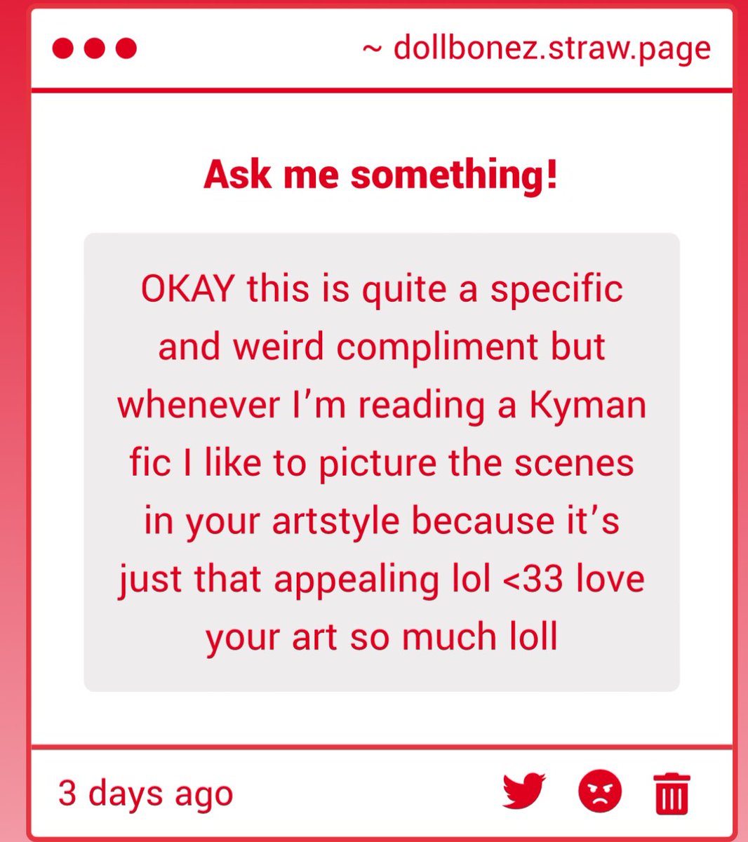 dollbonezstrawb's tweet image. STOP. YOU DONT EVEN KNOW HOW HAPPY THAT MAKES ME. Im so over the moon right now that someone specifically likes my Kyman.鈾ワ笍鈾ワ笍鈾ワ笍鈾ワ笍鈾ワ笍鈾ワ笍
thank you so much鈾ワ笍鈾ワ笍鈾ワ笍馃槶馃槶馃槶馃槶