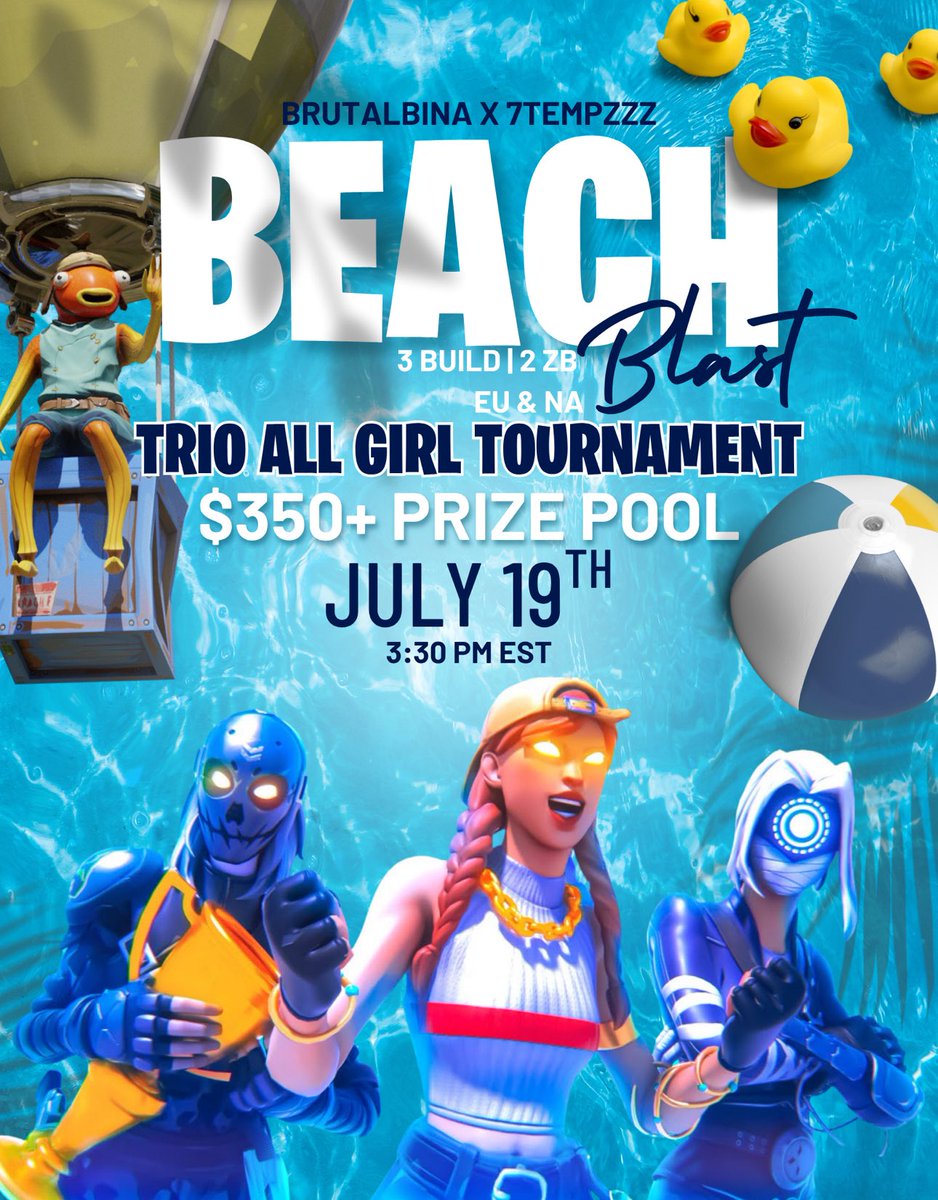 smt bina (@brutalbina) on Twitter photo ☀️RAHHH BEACH BLAST TOURNEY! 🌊
🌴- Saturday, July 19th: 3:30pm est
to be considered please:
retweet + follow:
<a href="/brutalbina/">summit bina</a> + <a href="/7tempzzz/">7tempzzz</a> + <a href="/illumski/">T2R illumski</a>
tag your trio! ☀️RAHHH BEACH BLAST TOURNEY! 🌊
🌴- Saturday, July 19th: 3:30pm est
to be considered please:
retweet + follow:
<a href="/brutalbina/">summit bina</a> + <a href="/7tempzzz/">7tempzzz</a> + <a href="/illumski/">T2R illumski</a>
tag your trio!