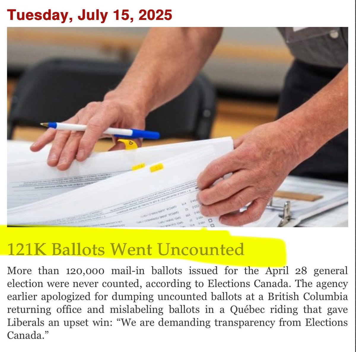 🚨BREAKING: 121,000 ballots uncounted

Ballots dumped in BC. 

Mislabelled in Quebec. 
Liberals snag a surprise win.

This is a crisis.

Elections Canada owes Canadians the truth. NOW.