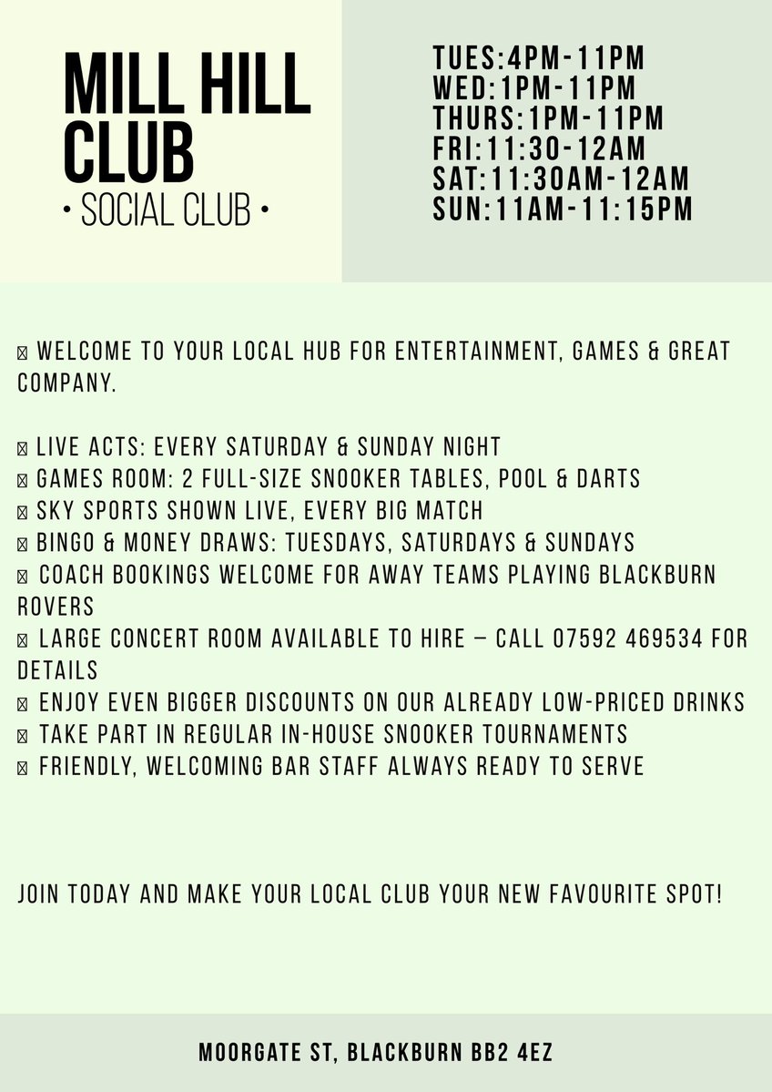 MILLHILLCLUB's tweet image. 🎉 Looking for great nights out, live acts, games, and unbeatable drinks prices in Blackburn?
🍻Welcome to Mill Hill Club – your friendly local hub for entertainment, sports & good times!
📲 Call 07592 469534 for bookings and all enquiries.
#BlackburnNights #MillHillClub