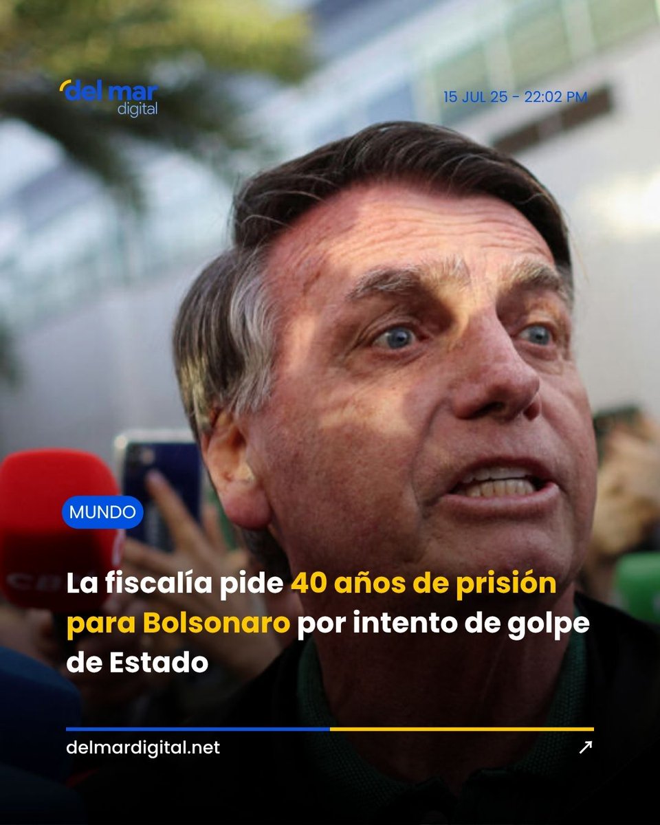 #Mundo | 🇧🇷 La fiscalía de Brasil pidió 40 años de prisión para Jair Bolsonaro por “golpe de Estado” y “asociación criminal armada” tras los disturbios del 8/1/23.

Para más info delmardigital.net/la-fiscalia-pi…