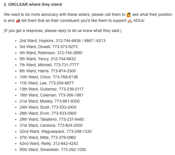 AbundantHomesIL's tweet image. Today, the Zoning Committee voted 13-7 to allow ADUs citywide! 🥳🏘️👏
But we're not across the finish line yet. ‼️
The City Council still has to vote on Wednesday.
Between now and 10 AM tomorrow, please call your alderperson if they're on one of the two lists below. ☎️