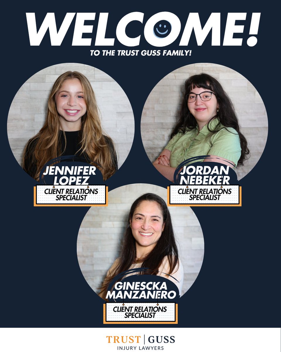 Hey there! 👋

Meet the newest faces of our Client Relations team! 🎉
Help us welcome Jennifer Lopez, Jordan Nebeker, and Gineska Manzanero to the Trust Guss Family! 👏

We’re so excited to have you on board—let’s do great things together! 💼💙

#TrustGuss #WelcomeToTheTeam