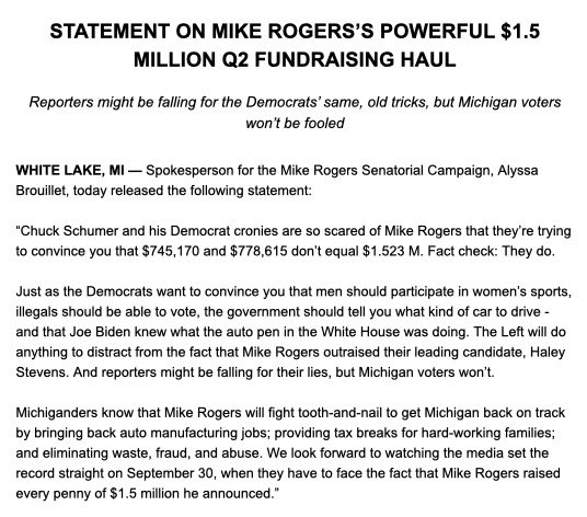 TyHenningsen's tweet image. Statement on @MikeRogersForMI’s powerful $1.5 million Q2 haul: